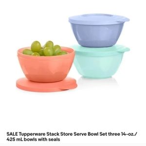* Tupperware 3 Stack Store 14oz. Bowls Pastel Aqua, Lilac & Coral, Snap Together